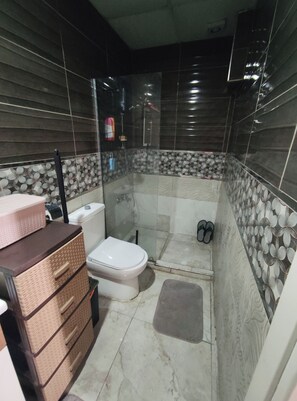 Douche, sèche-cheveux, bidet, serviettes fournies