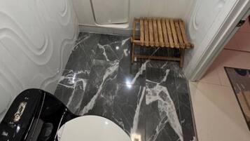 Hair dryer, towels, soap, toilet paper