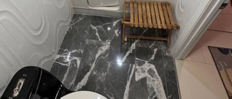 Hair dryer, towels, soap, toilet paper