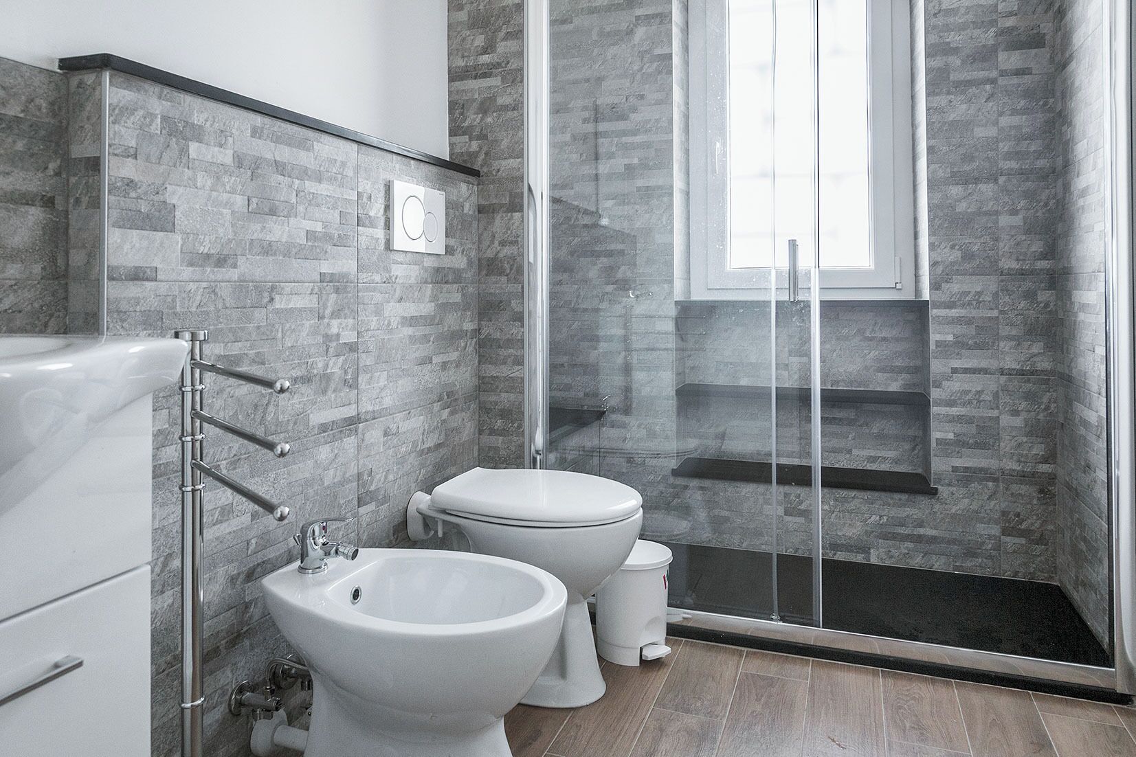 Shower, hair dryer, bidet, towels