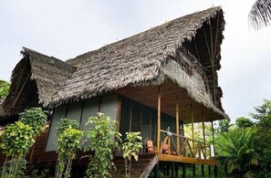 A traditional thatched-roof building with a wooden balcony and hanging plants.