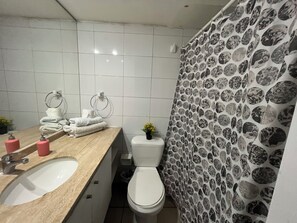 Hair dryer, towels, soap, toilet paper