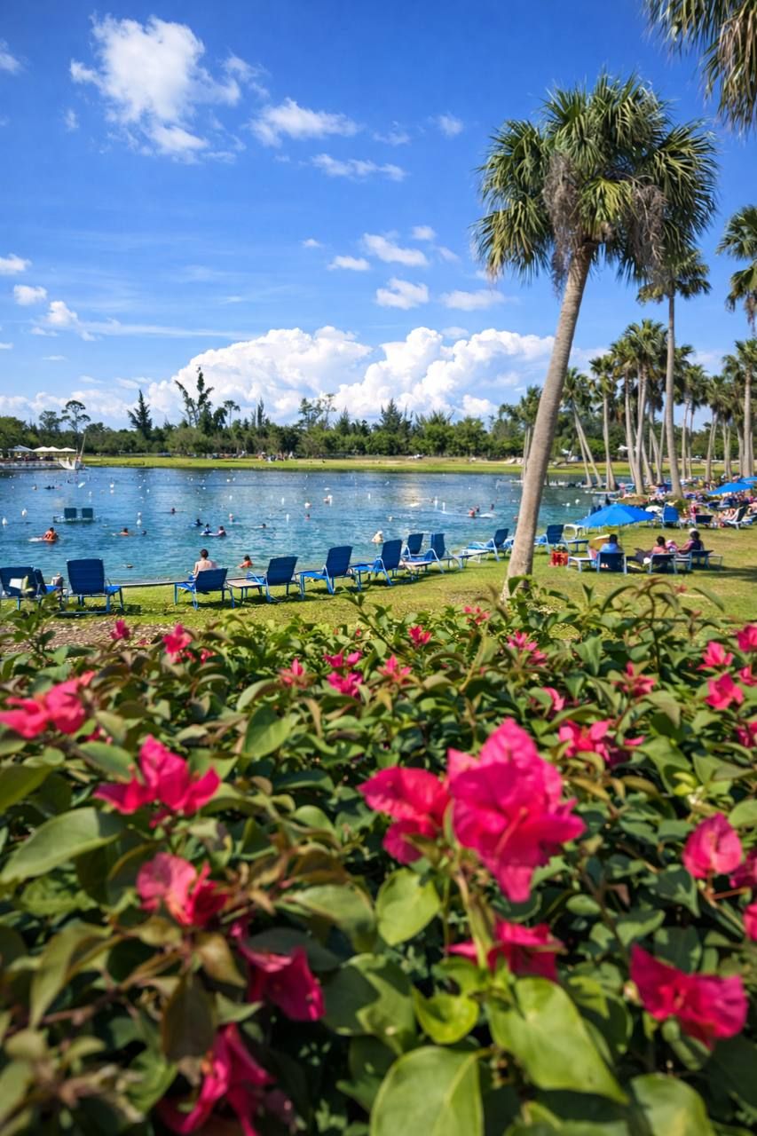 Un espace aménagé au bord de la piscine, avec des chaises bleues, des palmiers et un ciel dégagé.
