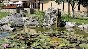 A building with a stone facade, a pond with lily pads and water lilies, and a clear blue sky. - Le Case Residenza di Campagna (Assisi)