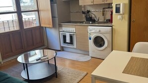 Un espacio habitable compacto con kitchenette, lavadora, zona de comedor y sofá.