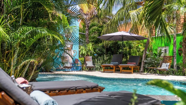 Zona de piscina con sillas de descanso y sombrillas, rodeada de exuberante vegetación y una piscina con azulejos.