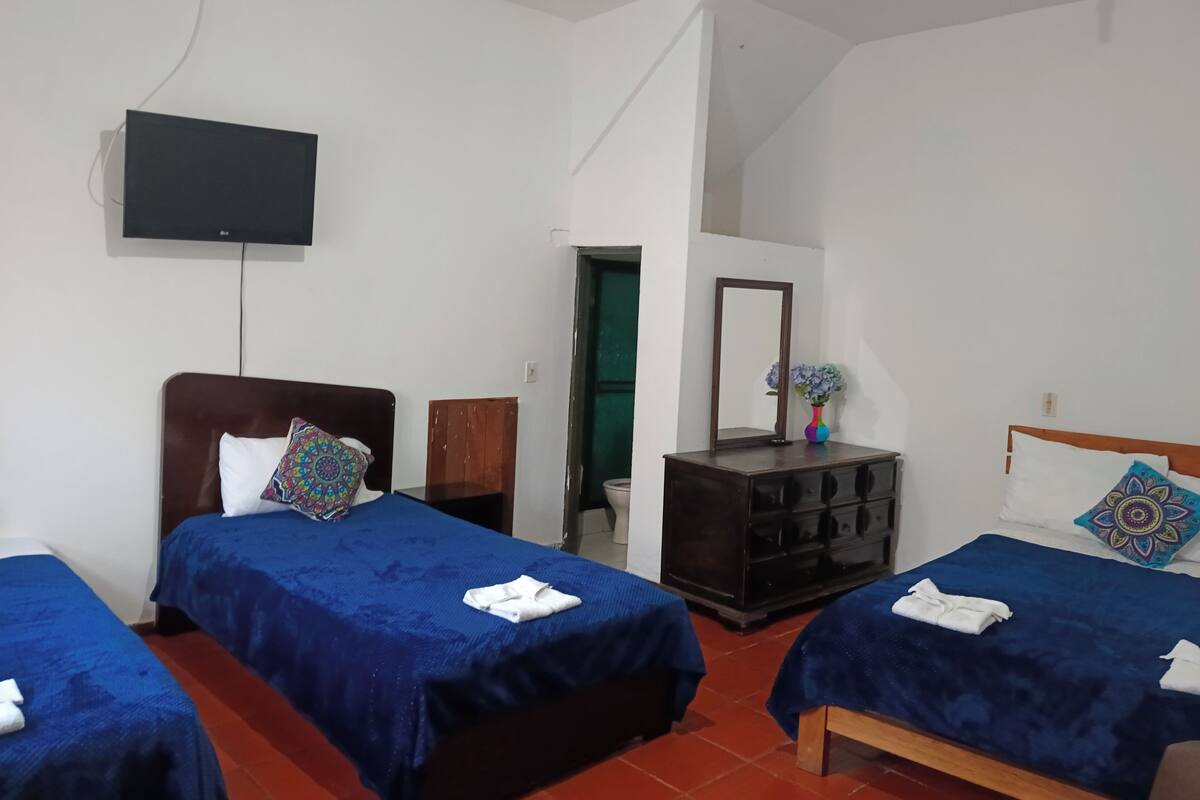 A hotel room with two beds, a TV, a dresser, and a mirror.