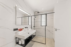 Shower, hair dryer, towels