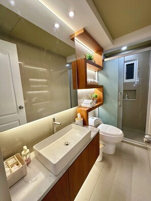 Shower, hair dryer, bidet, towels
