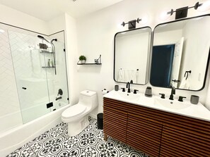 Hair dryer, towels, soap, toilet paper