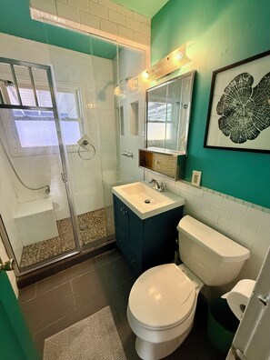 Shower, towels, soap, toilet paper
