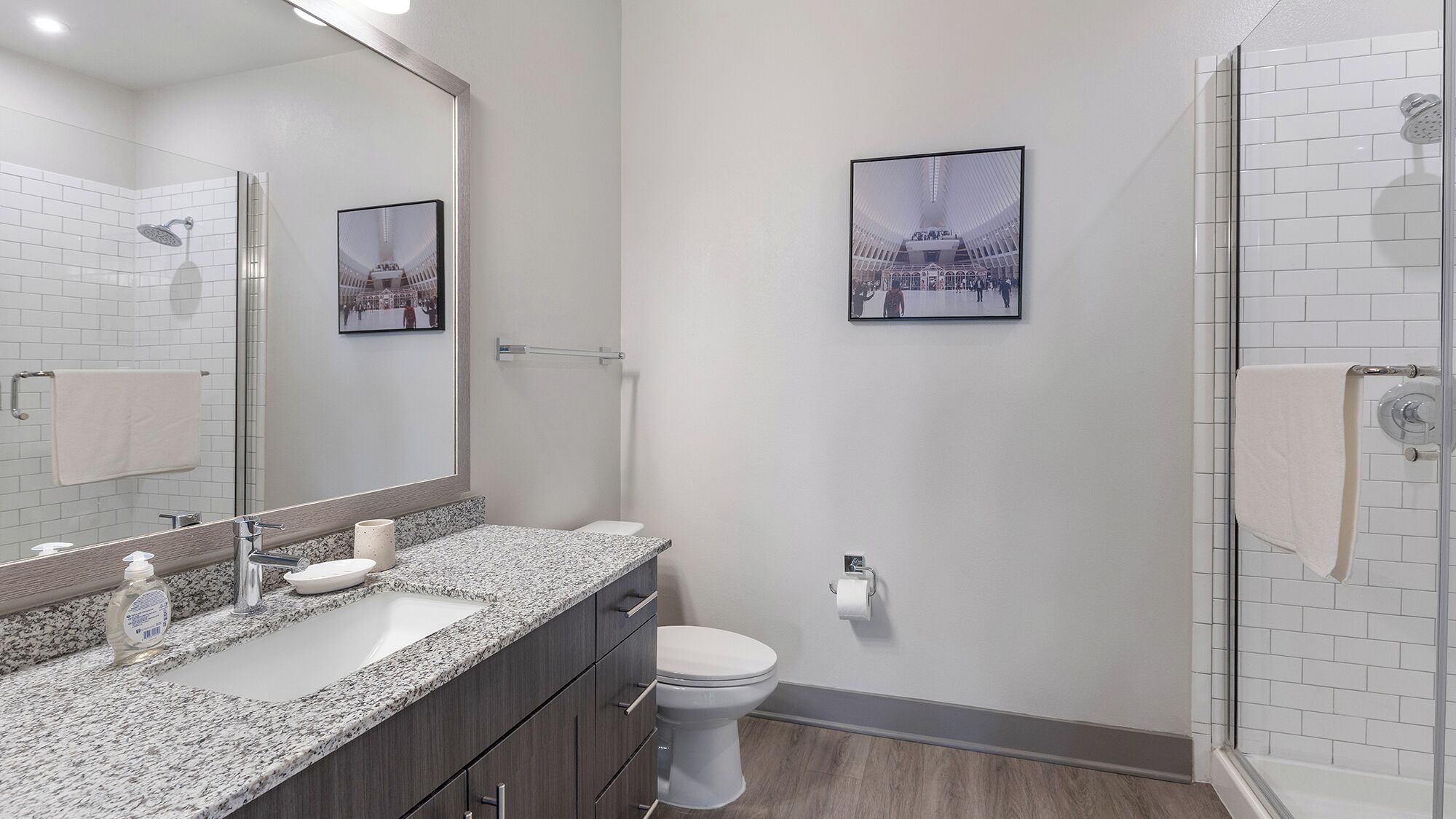 A modern bathroom with a granite countertop, a white toilet, a glass shower enclosure, and two framed pictures on the wall.