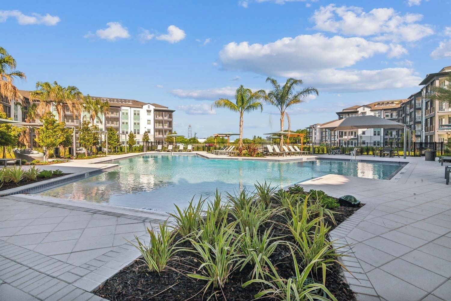 A swimming pool with lounge chairs, surrounded by palm trees and modern buildings.