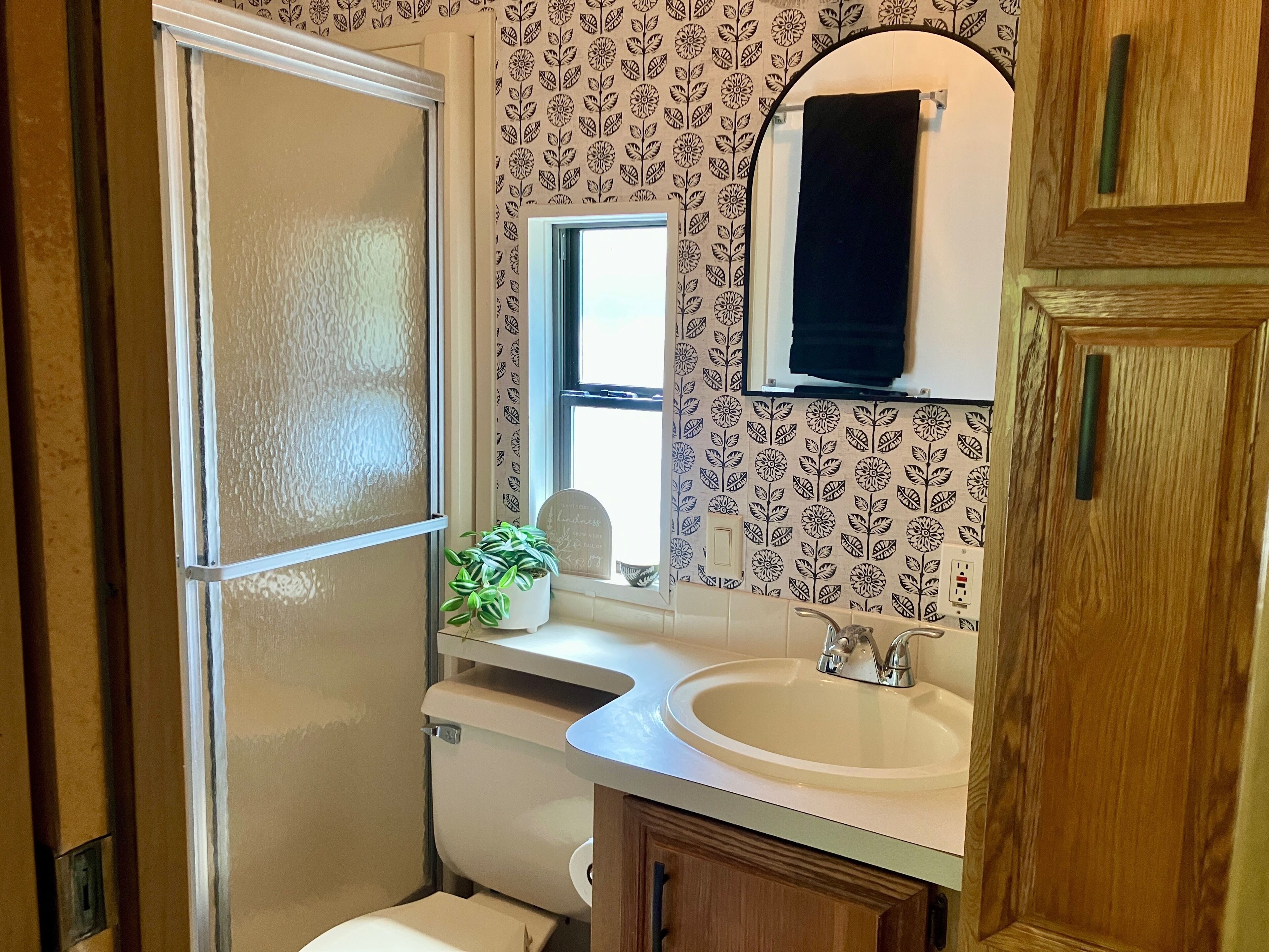 Shower, towels, soap, toilet paper