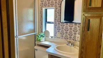 Shower, towels, soap, toilet paper
