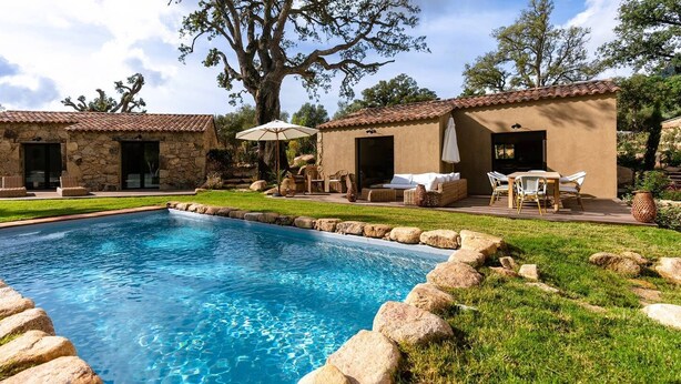 A swimming pool surrounded by stone walls, with outdoor seating and a large tree in the background.