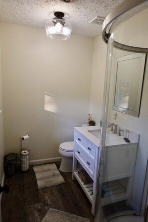 A bathroom with a white sink, a toilet, a mirror, and a shower enclosure. - Meadow Lane In Hocking Hills (Logan)