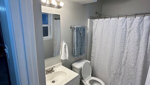 A bathroom with a white sink, a toilet, a mirror, and a shower curtain. - Fully furnished. we provide all utilities wifi and gated parking. pet friendly (New Orleans)