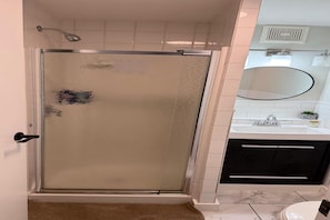 Hair dryer, towels, soap, toilet paper
