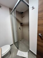 Ducha, cabezal de ducha tipo lluvia, toallas, jabón
