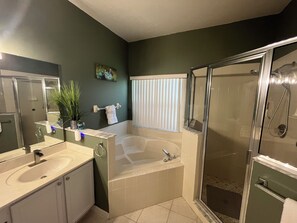 Hair dryer, towels, soap, toilet paper