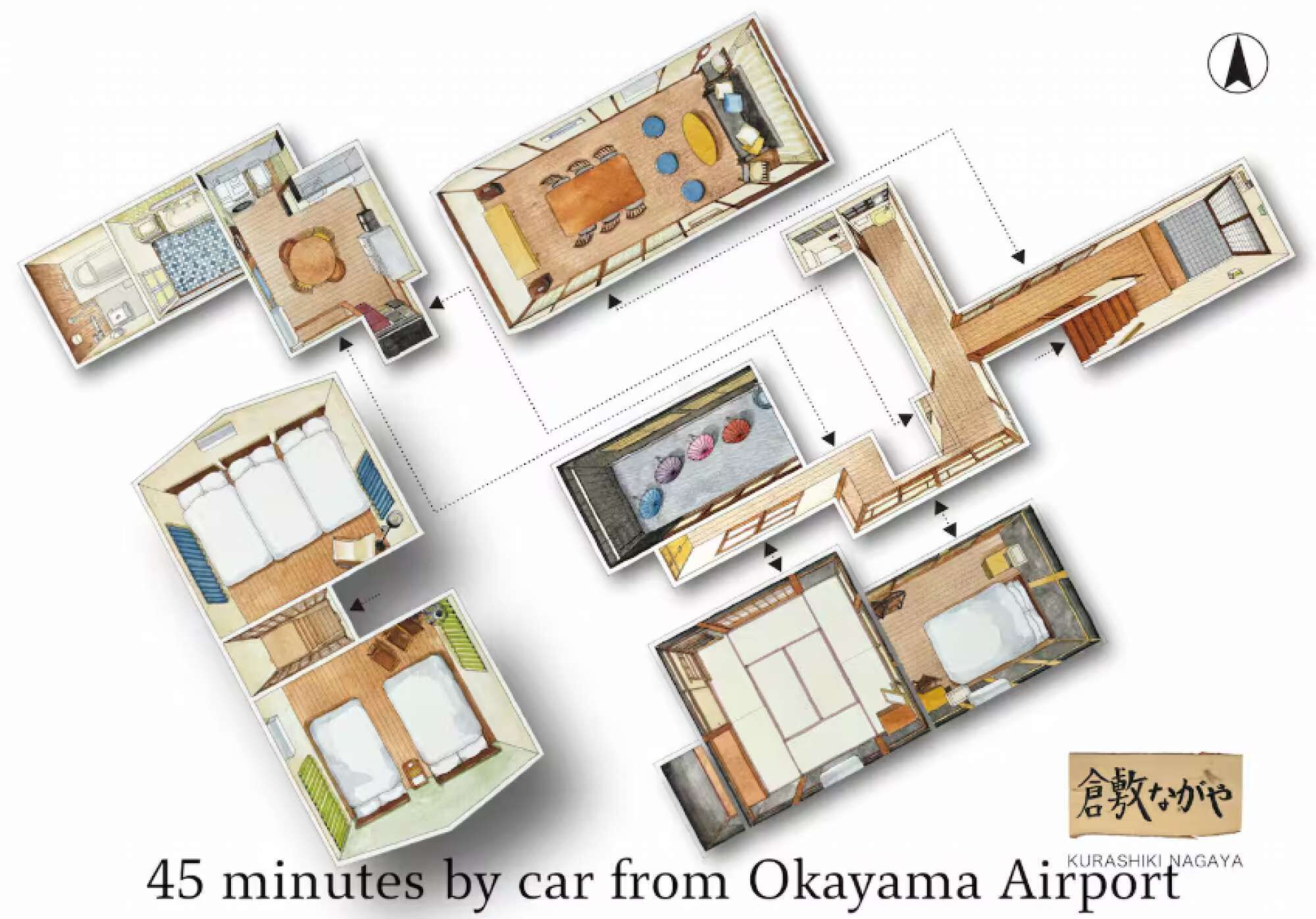 Pianta di un hotel con diverse camere, una sala da pranzo e un bagno. Si trova a 45 minuti di auto dall'aeroporto di Okayama.