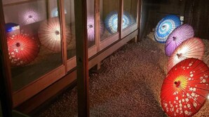 Une exposition de parapluies traditionnels présentés dans une vitrine, avec un panneau indiquant qu’il s’agit d’un espace non-fumeur.