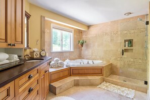 Hair dryer, towels, soap, shampoo