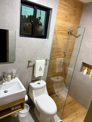 Regadera, toallas, jabón, papel de baño 