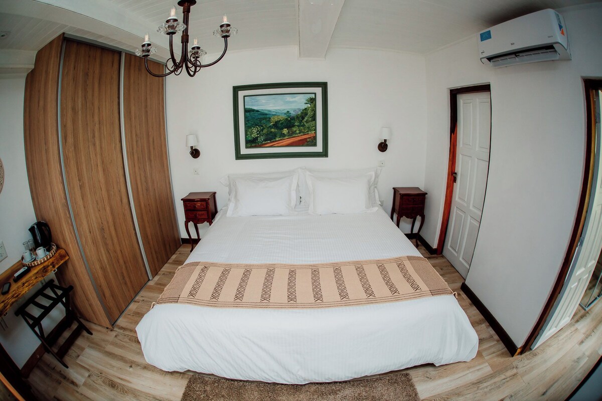 Un dormitorio con una cama grande, un armario de madera, una mesita de noche, una lámpara de pared, un cuadro con paisaje enmarco y un equipo de aire acondicionado.