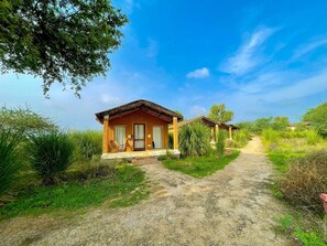 A rustic bungalow with a thatched roof, a porch with seating, and a dirt path leading to it. - Camp Lands End (Pushkar)