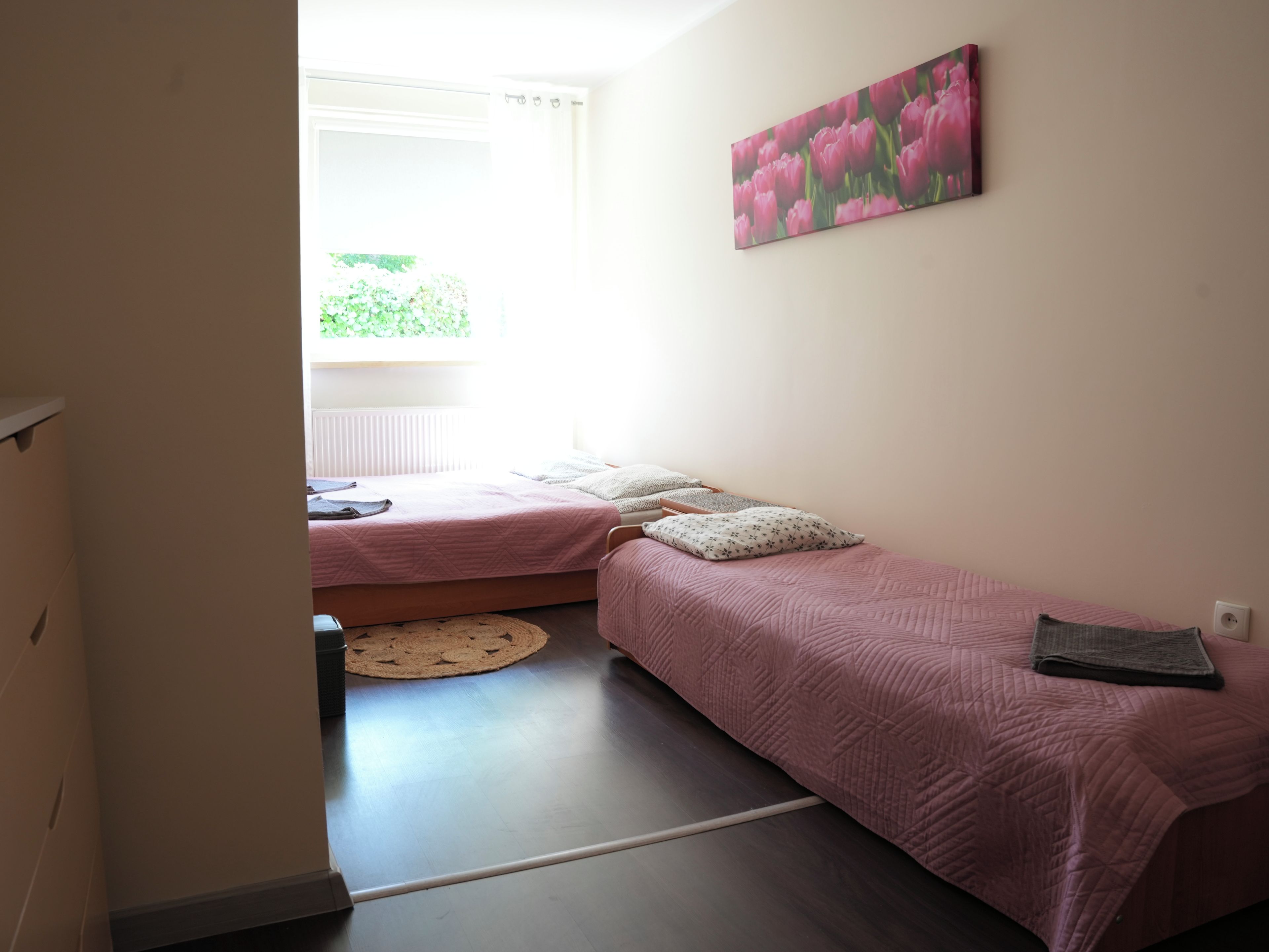 Un dormitorio con dos camas, una ventana con cortinas, un cuadro en la pared y una alfombra redonda.