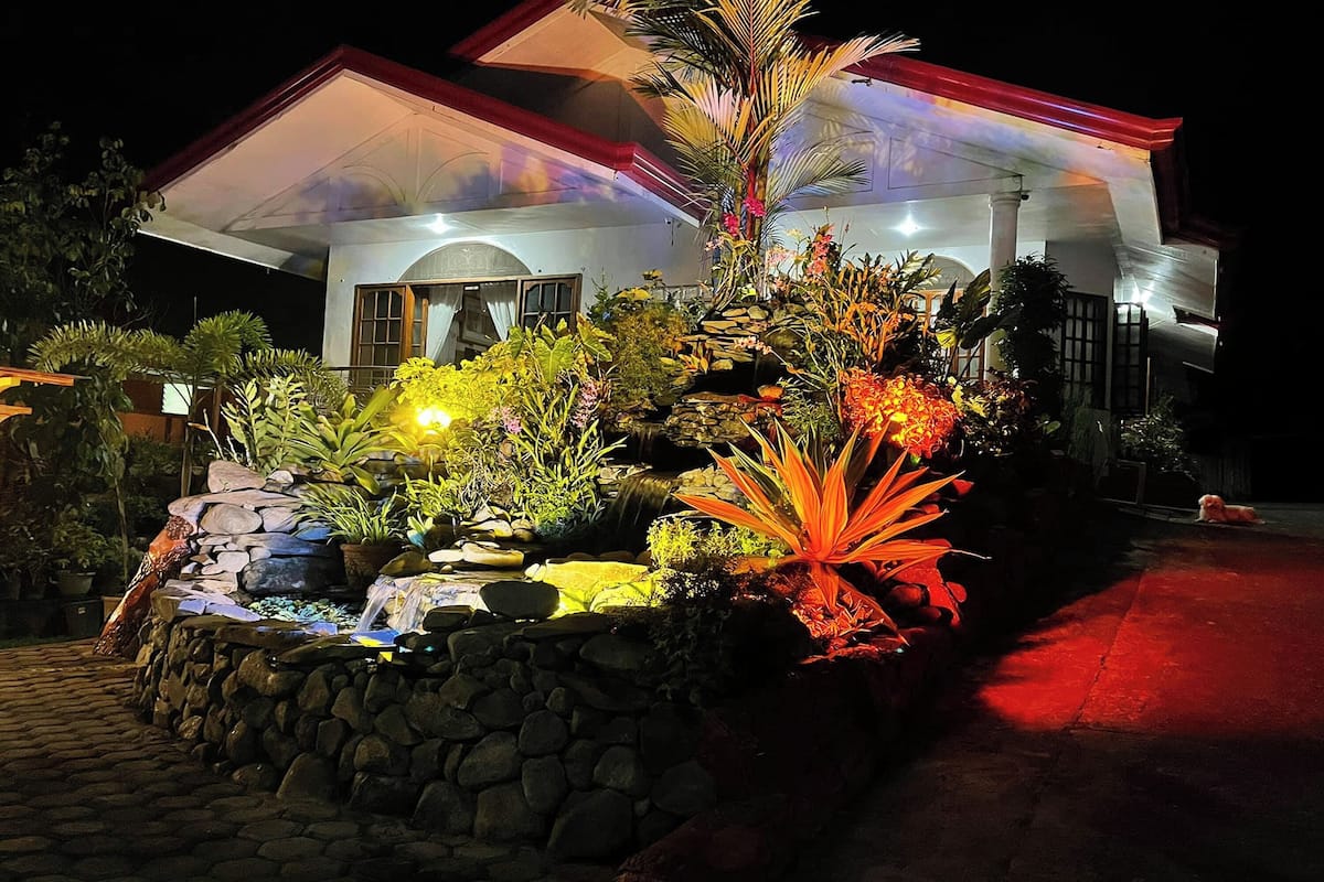 A well-lit garden area with a variety of plants and a small water feature in front of a building with a red roof and white walls.