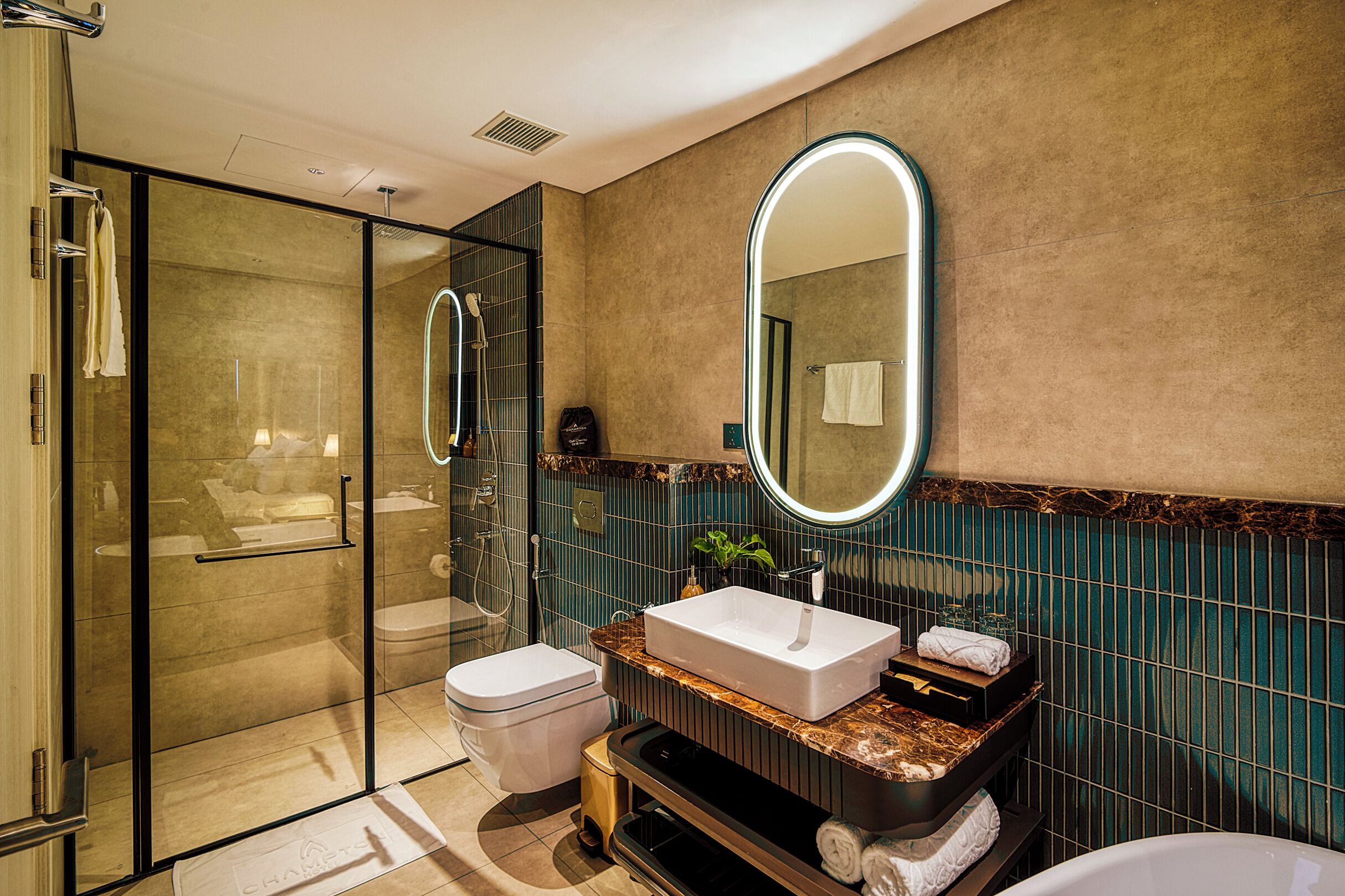 A modern bathroom with a glass shower enclosure, a white sink, and a large mirror.