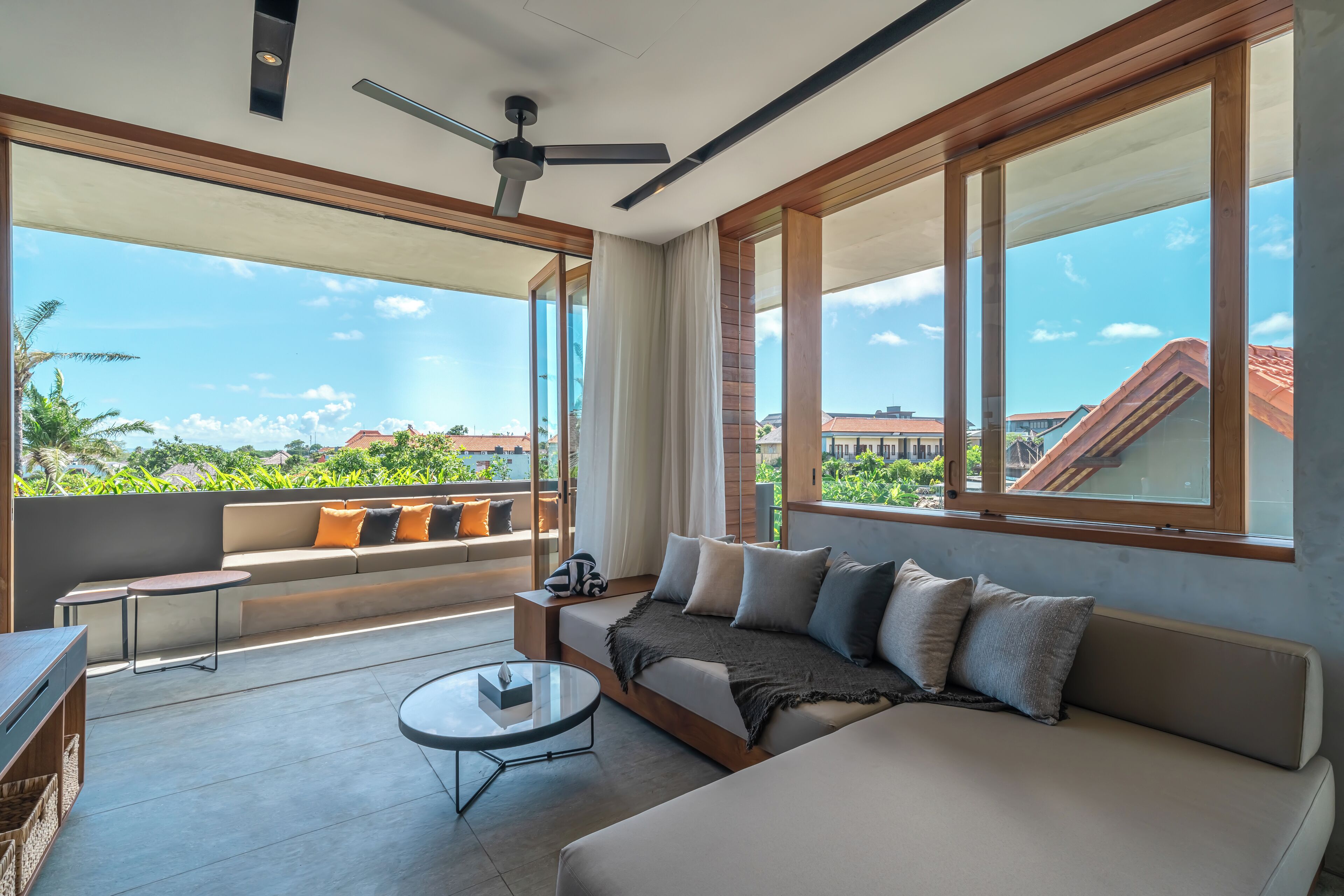 One-Bedroom Apartment - Corner Terrace with Sauna & Ice Bath | Living area | Flat-screen TV