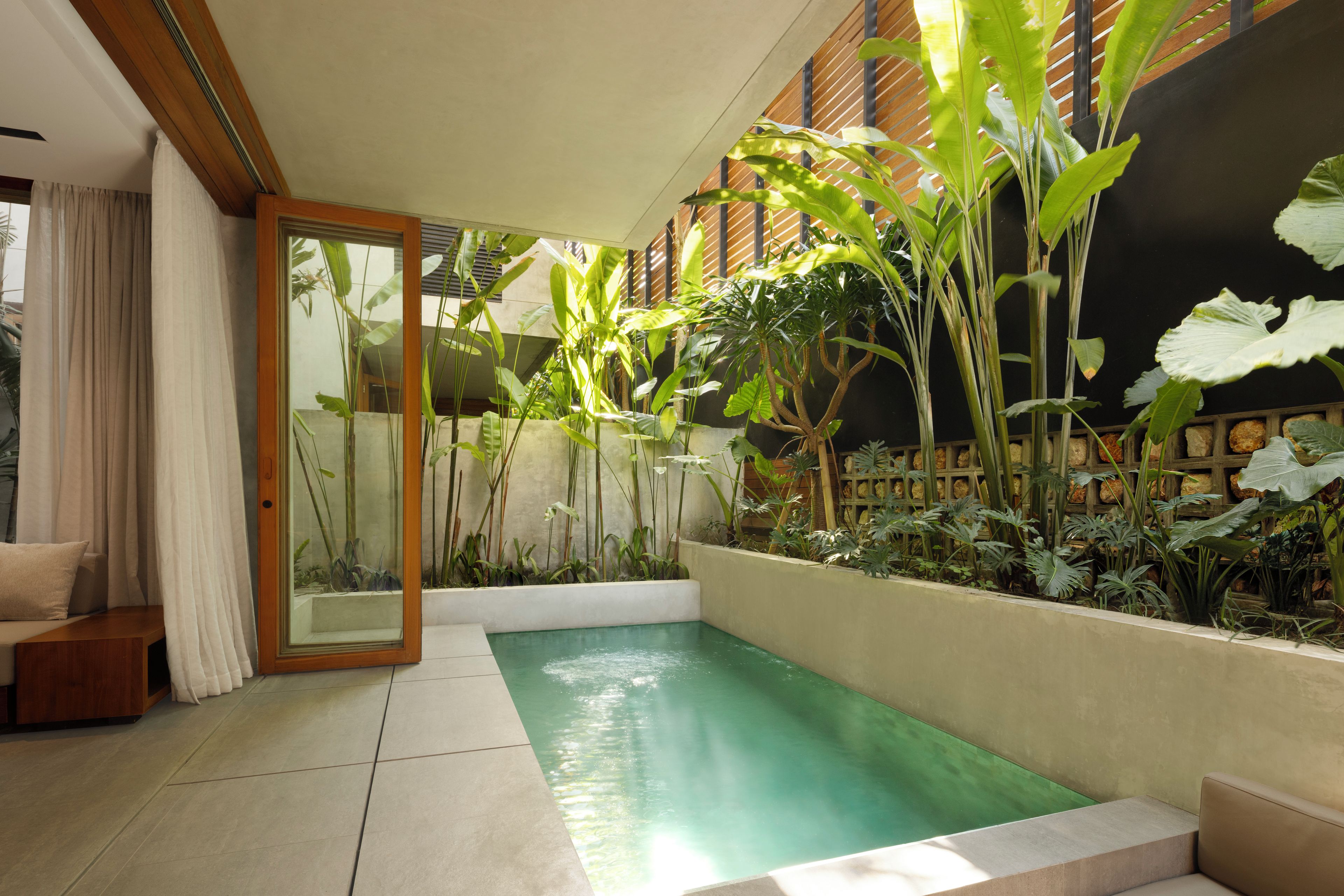 A modern indoor pool area with a glass enclosure, surrounded by lush tropical plants and a wooden structure.