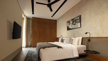 A modern bedroom with a bed, a ceiling fan, a mounted TV, and a framed picture on the wall.