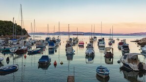 Un puerto deportivo con varias embarcaciones amarradas, agua tranquila y un puente al fondo.