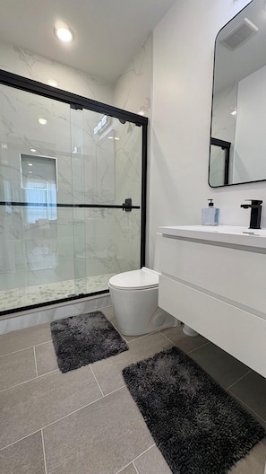 Shower, hair dryer, towels, soap