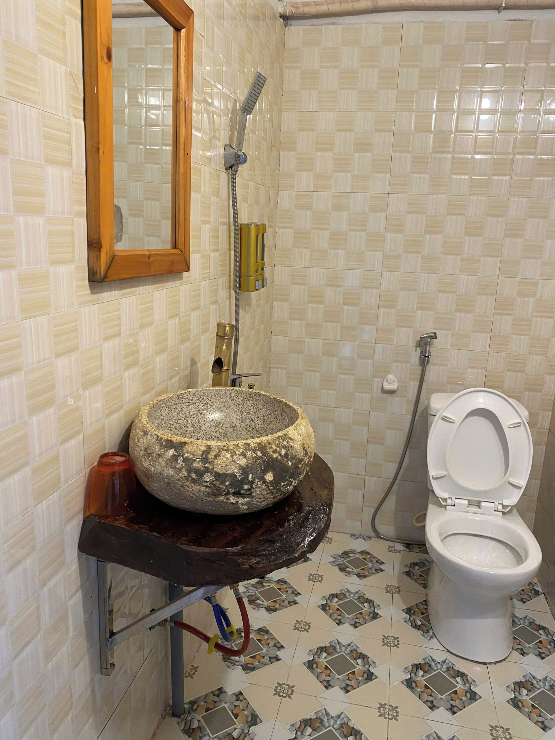 Ein Badezimmer mit einem Steintonnenwaschbecken, einem spiegelnden Wandbild mit Holzrahmen, einer Toilette und Fliesen mit Muster.