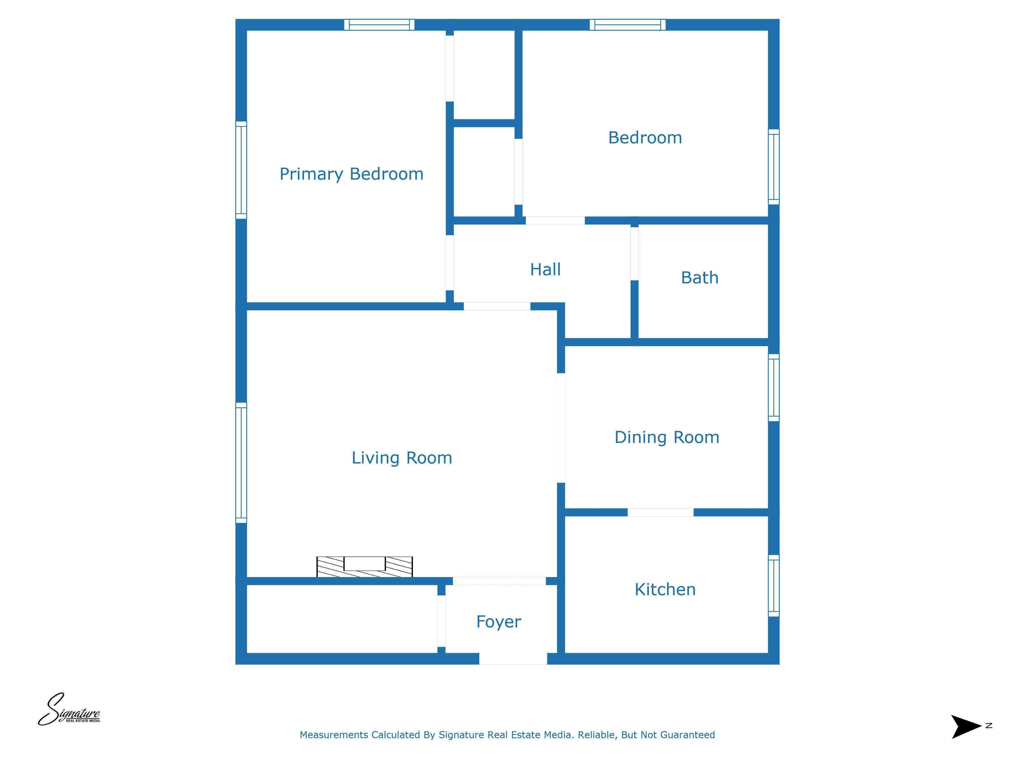 A floor plan with a primary bedroom, secondary bedroom, living room, dining room, kitchen, foyer, hall, and bathroom.