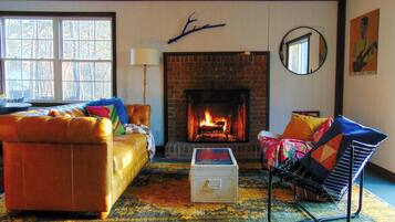 Fireplace, books