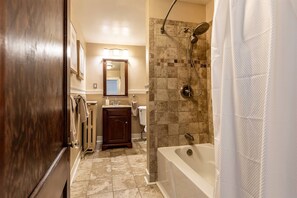 Shower, hair dryer, shampoo