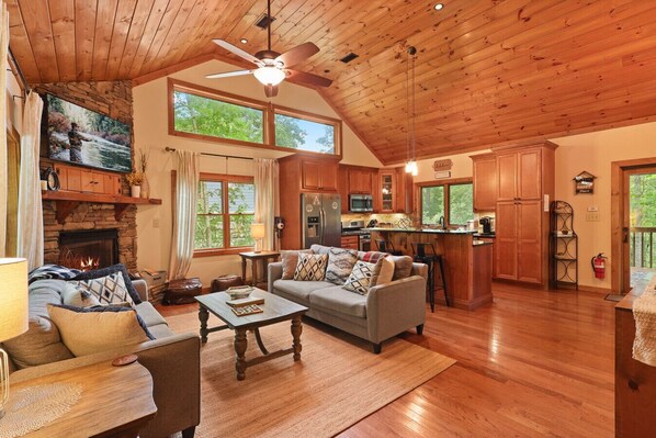 Smart TV, fireplace, foosball, books