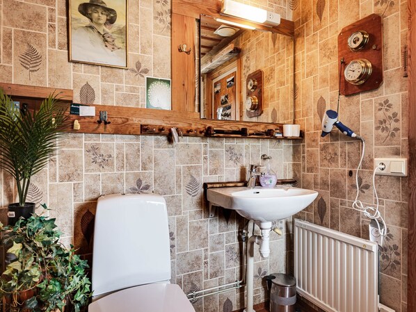 A bathroom with a toilet, sink, mirror, and radiator. There are plants, a shelf with toiletries, and a clock on the wall. - Kvarnfallet 40 by Interhome (Källsjö)