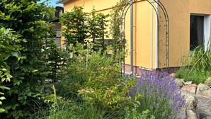 Keltainen rakennus, jossa on metallinen holvikaari, ja sen ympärillä on puutarha, jossa kasvaa monenlaisia kasveja, ja puutarhan reunalla on kivimuuri.