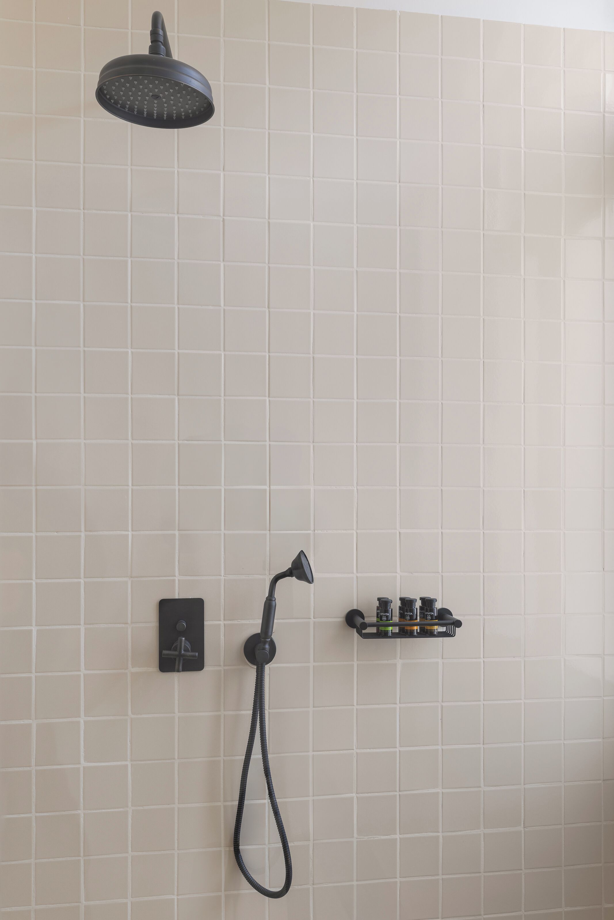 A shower area with a handheld showerhead, a wall-mounted control panel, and a soap dish.