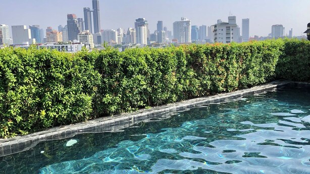 Una piscina cristalina con un horizonte urbano al fondo.