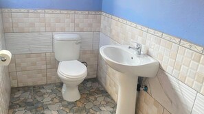 Een douche, handdoeken, zeep, toiletpapier