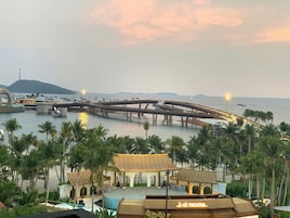Vista costera con un puente, palmeras y un edificio con la inscripción 'Aoi Theater'.